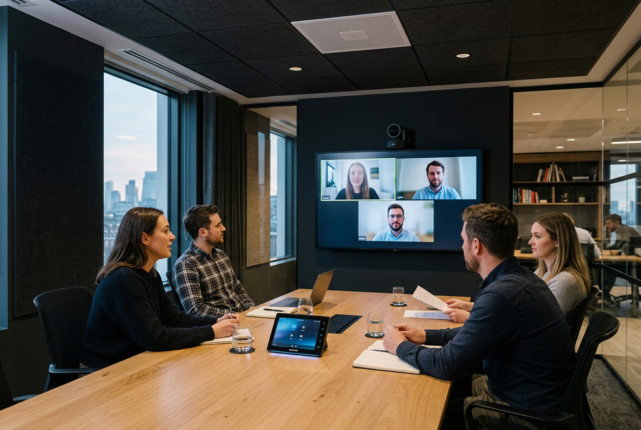 Hybrides Meeting mit Remote-Teilnehmern auf Videokonferenz-Display im Konferenzraum