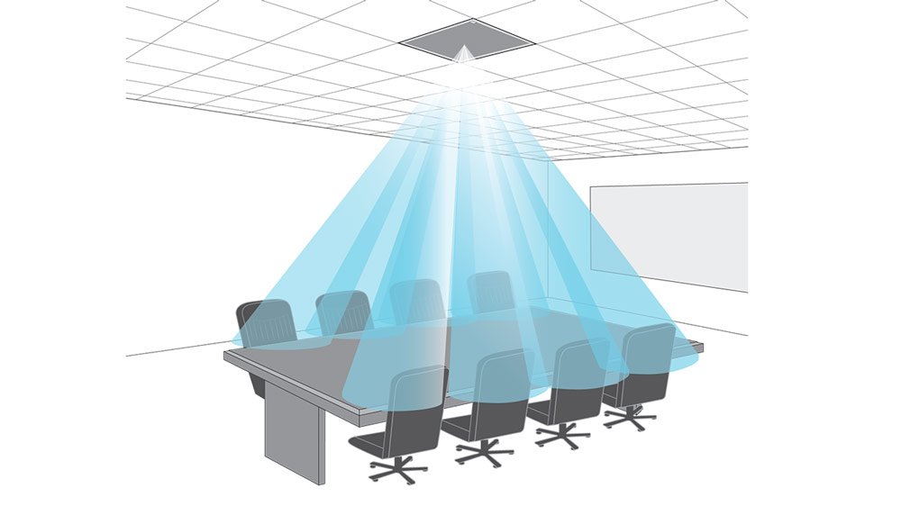 Professioneller Konferenzraum mit Shure Deckenmikrofon und moderner Medientechnik